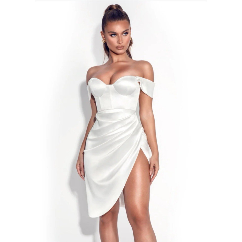 Miss Circle $185 Hedy Sz S White Satin Corset Mini Dress Ruch Mini Slit Silky - Picture 2 of 13